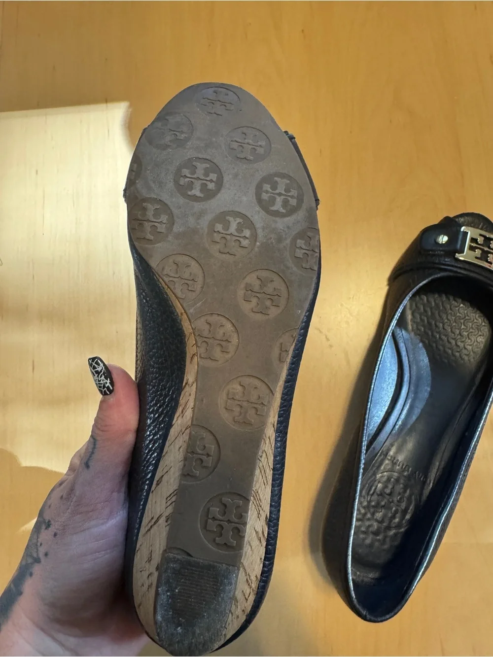 Tory Burch Black Leather Peep-Toe Heels with Gold Logo Accent